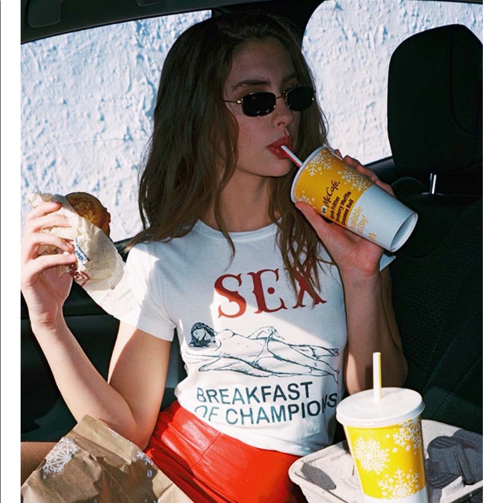 Lovers + Drifters Club Sex Breakfast of Champions Raglan Cropped Tee Small S/M